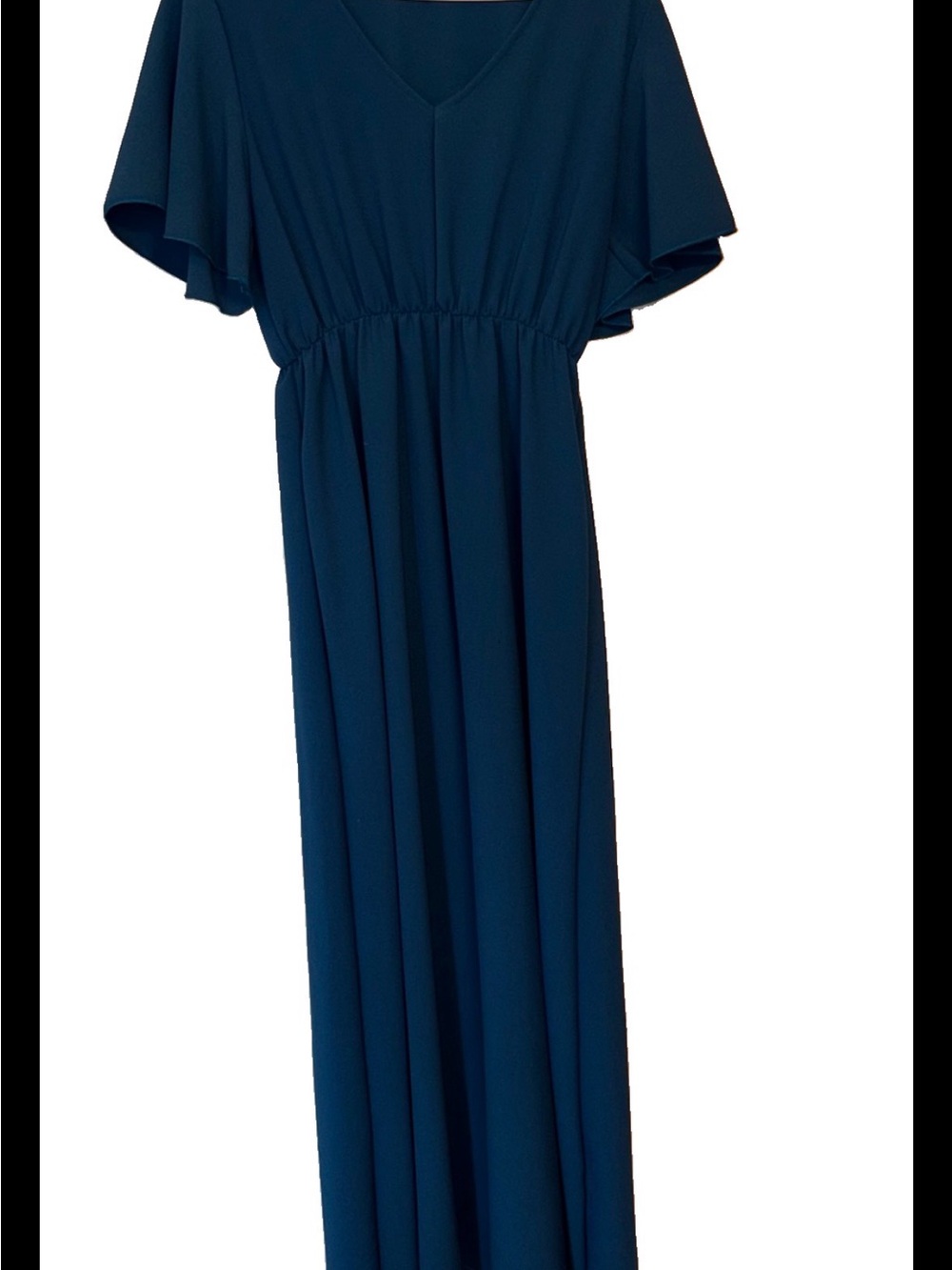 Women's Maxi Dress - Deep Teal Blue, V-Neck Flutter Sleeves